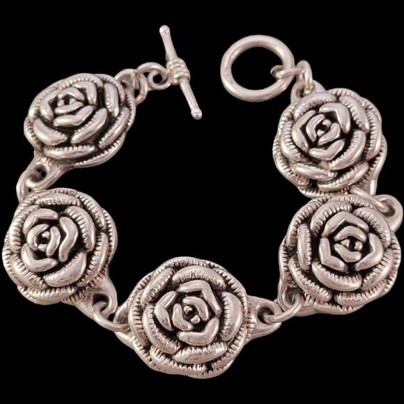 Vintage Sterling 3D Rose Flower Design Link Bracelet